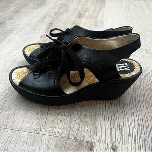 Fly London YIfa Sandals Wedge Black Leather Lace Up Peep Toe Women Size EUR 39